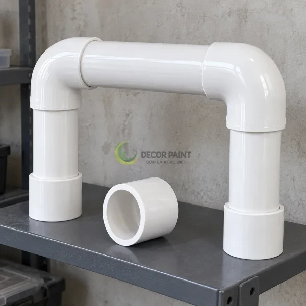 Cụm ống, cút nối và măng sông PVC phủ sơn trắng bóng trên giá kỹ thuật.