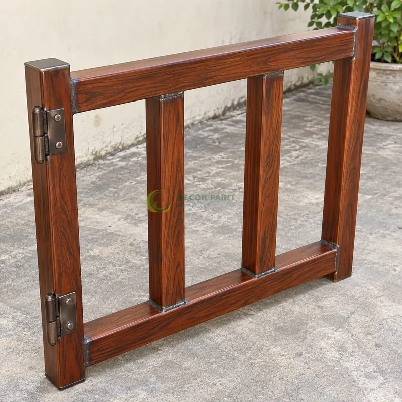 Mẫu sắt thép sơn giả gỗ cánh gián, ba thanh hộp vuông có hai thanh giằng, sân trong có nền xi măng trung tính, góc cao chéo theo đường chéo khung hình.