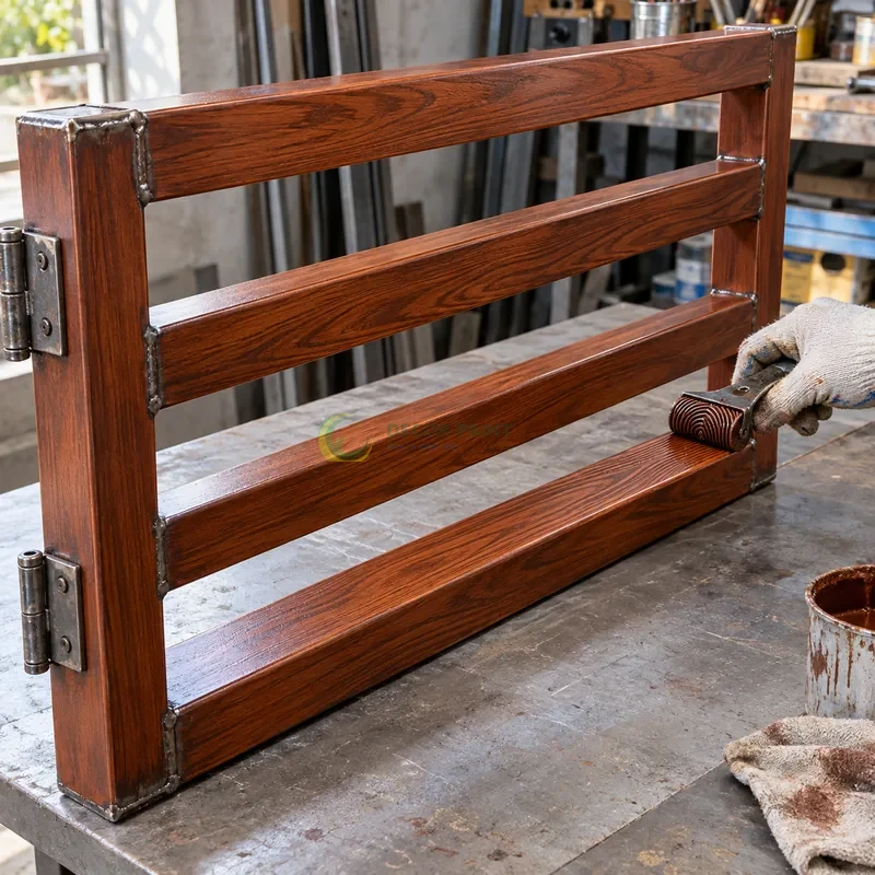 Mẫu sắt thép sơn giả gỗ cánh gián, khung mẫu có bốn thanh ngang, minh hoạ thao tác tạo vân trên lớp lót, góc cận ba phần tư trên bàn.