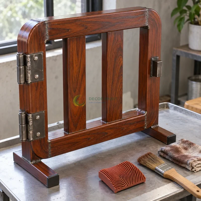 Mẫu sắt thép sơn giả gỗ cánh gián, tấm mẫu bo góc trên giá đỡ, bên dụng cụ tạo vân và mẫu sơn hoàn thiện, góc cao chéo theo đường chéo khung hình.