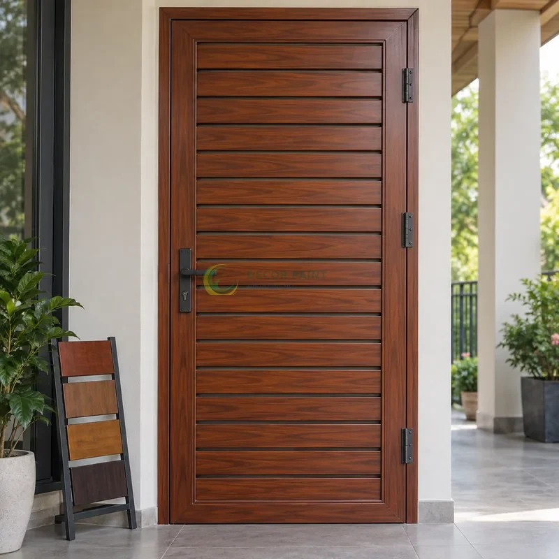 Cửa sắt thép 1 cánh sơn giả gỗ cánh gián, nan sắt ngang nằm trong khung âm, với mẫu màu để tham khảo lựa chọn, góc gần chính diện, thấy rõ kết cấu.