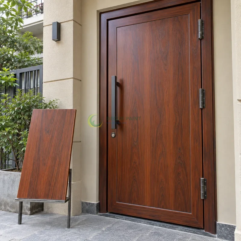 Cửa sắt thép 1 cánh sơn giả gỗ cánh gián, panô lớn với viền khung sâu, với mẫu màu để tham khảo lựa chọn, góc ba phần tư từ bên phải.