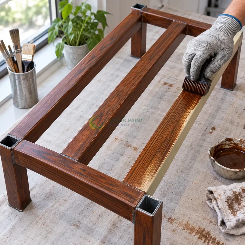 Mẫu sắt hộp mạ kẽm sơn giả gỗ cánh gián, ba thanh hộp vuông có hai thanh giằng, minh hoạ thao tác tạo vân trên lớp lót, góc cao chéo theo đường chéo khung hình.
