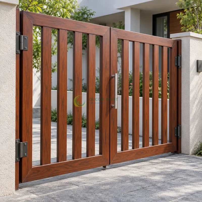 Cổng sắt thép 2 cánh sơn giả gỗ cánh gián, khung phẳng với nan dọc hẹp, khoảng sân hiện đại nền xám, góc nghiêng nhẹ, rõ cạnh phía trước.