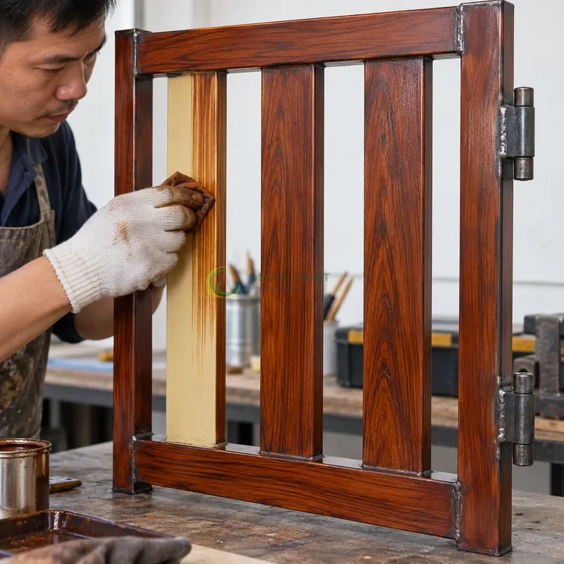 Mẫu sắt thép sơn giả gỗ cánh gián, khung chữ nhật có ba lá dọc rộng, minh hoạ thao tác tạo vân trên lớp lót, góc cận bên trái với vật mẫu dựng đứng.