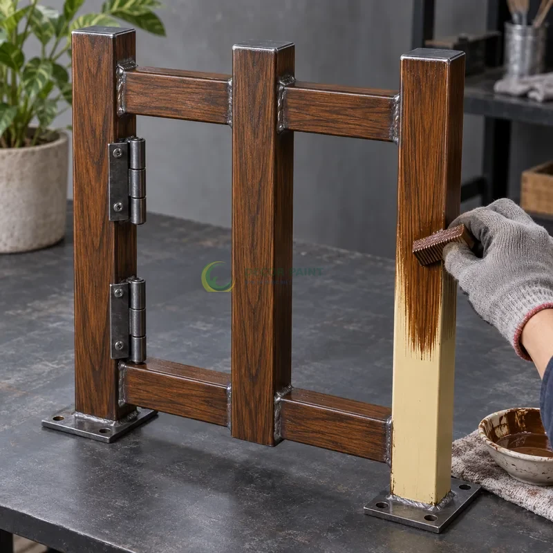 Mẫu sắt thép sơn giả gỗ óc chó sẫm, ba thanh hộp vuông có hai thanh giằng, minh hoạ thao tác tạo vân trên lớp lót, góc cao nhẹ thấy trọn môđun mẫu.