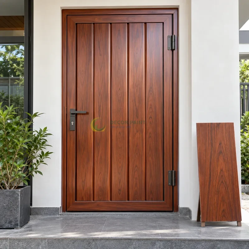 Cửa sắt thép 1 cánh sơn giả gỗ cánh gián, lá sắt dọc rộng với cạnh vát nhẹ, với mẫu màu để tham khảo lựa chọn, góc gần chính diện, thấy rõ kết cấu.