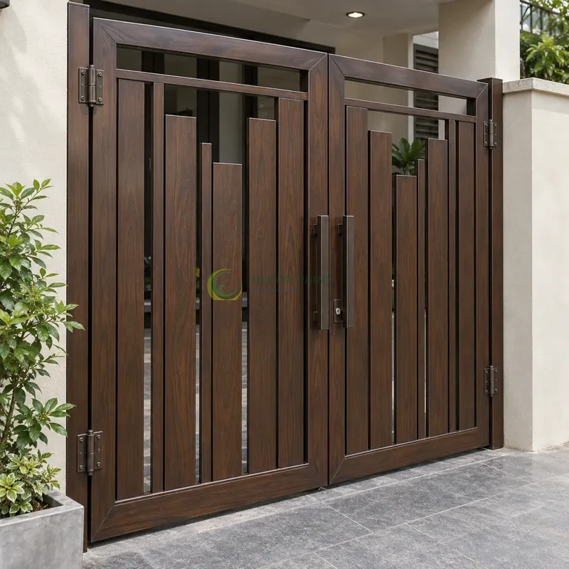 Cửa sắt thép 2 cánh sơn giả gỗ óc chó sẫm, các ô sắt dọc có cao độ thay đổi, lối vào nhà phố có tường sáng, góc chếch từ trên xuống.