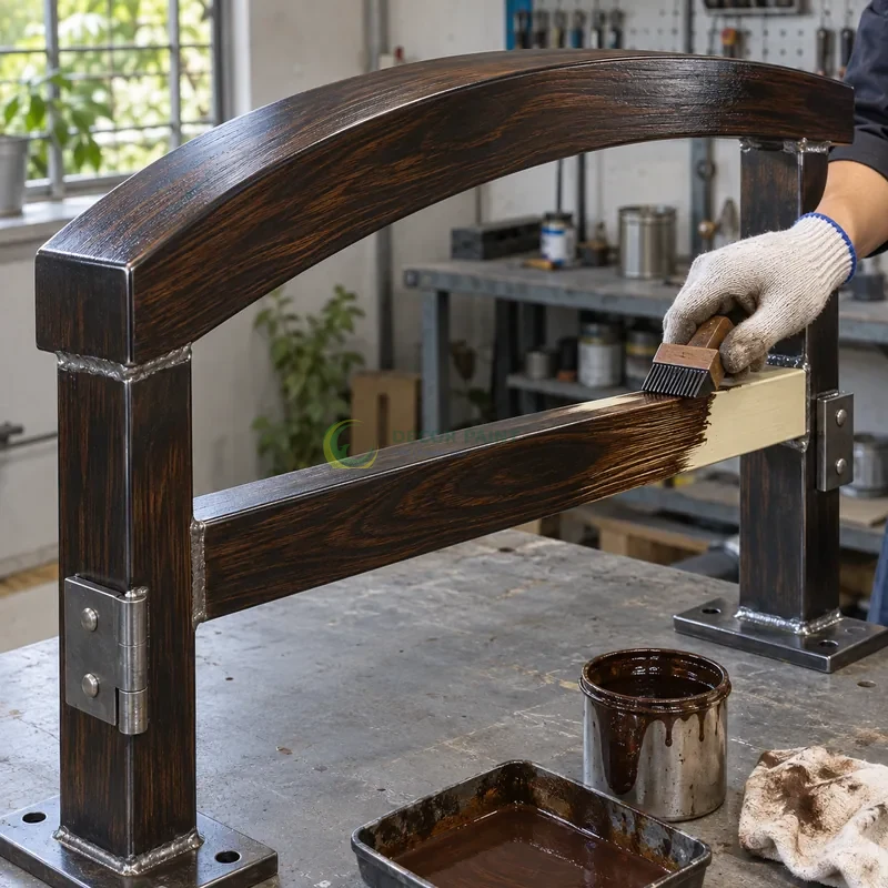 Mẫu sắt thép sơn giả gỗ đen đậm, thanh cong nhẹ có giằng thẳng, minh hoạ thao tác tạo vân trên lớp lót, góc cao nhẹ thấy trọn môđun mẫu.