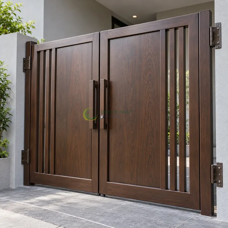 Cổng sắt thép 2 cánh sơn giả gỗ óc chó sẫm, panô phẳng và hai dải dọc hai bên, sảnh nhỏ hiện đại có tường xám nhạt, góc ba phần tư từ bên phải.