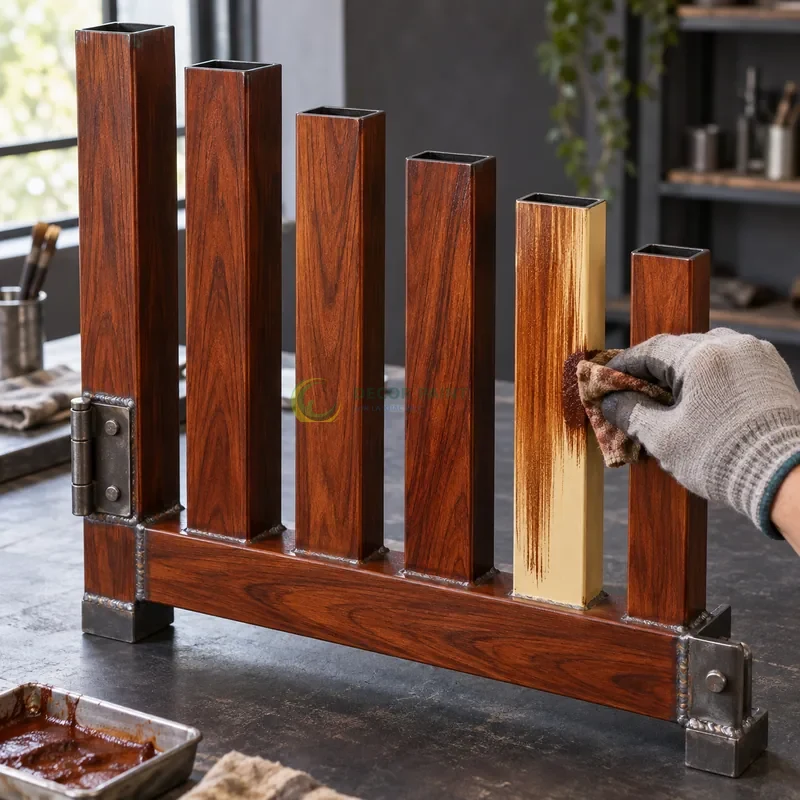 Mẫu sắt thép sơn giả gỗ cánh gián, sáu thanh mẫu rộng hẹp trên cùng giá, minh hoạ thao tác tạo vân trên lớp lót, góc cận bên phải thấy rõ chiều sâu thanh.