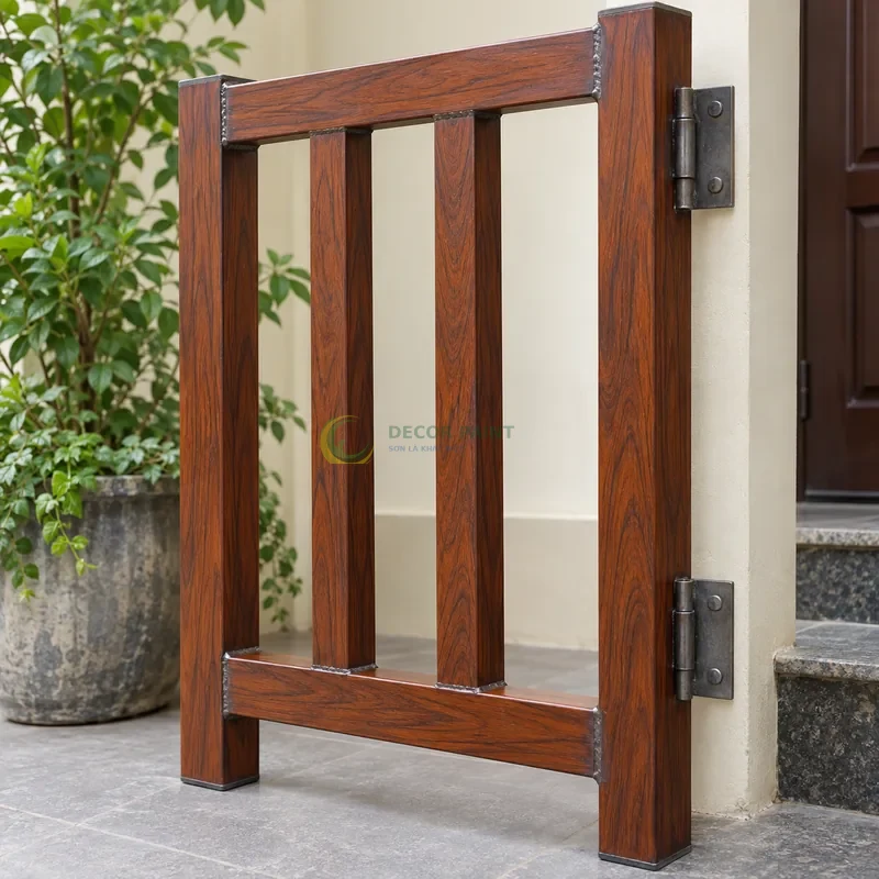 Mẫu sắt thép sơn giả gỗ cánh gián, ba thanh hộp vuông có hai thanh giằng, lối vào nhà phố có tường sáng, góc cận bên phải thấy rõ chiều sâu thanh.