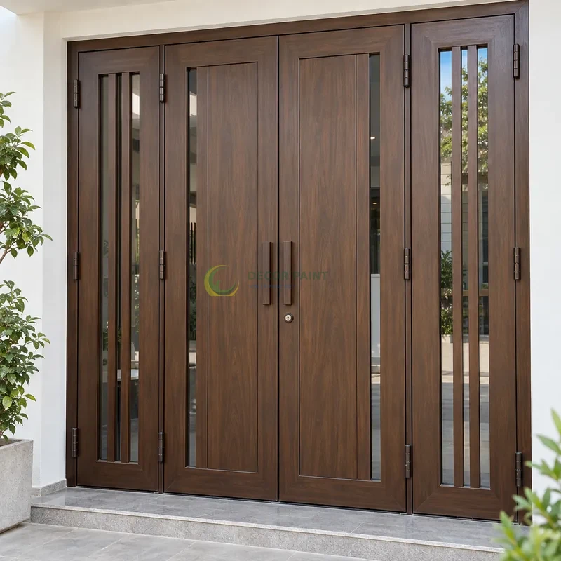 Cửa sắt thép 4 cánh sơn giả gỗ óc chó sẫm, panô giữa rộng và dải nan thoáng hẹp, lối vào có bậc thấp và tường bên màu trắng, góc chính diện cân đối.