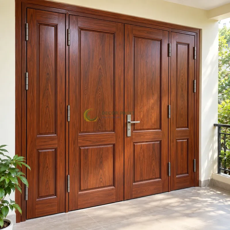 Cửa sắt thép 4 cánh sơn giả gỗ cánh gián, panô chữ nhật có tỷ lệ rộng hẹp khác nhau, góc ban công có mái che và tường ngà, góc chếch từ trên xuống.