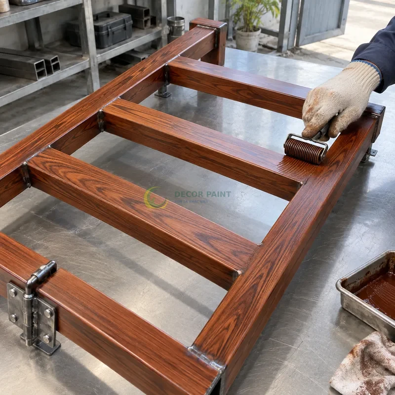 Mẫu sắt thép sơn giả gỗ cánh gián, khung mẫu có bốn thanh ngang, minh hoạ thao tác tạo vân trên lớp lót, góc cao chéo theo đường chéo khung hình.