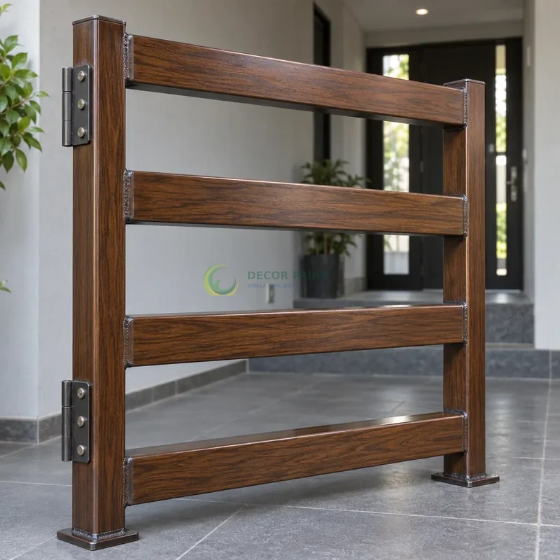 Mẫu sắt thép sơn giả gỗ óc chó sẫm, khung mẫu có bốn thanh ngang, sảnh nhỏ hiện đại có tường xám nhạt, góc cận ngang tầm vật mẫu.