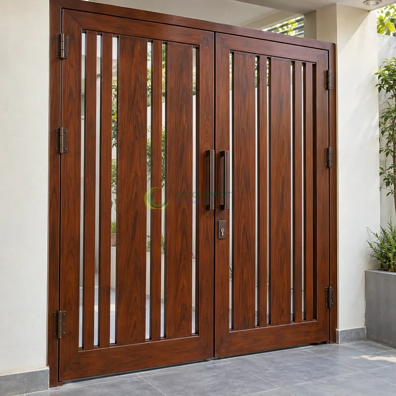 Cửa sắt thép 2 cánh sơn giả gỗ cánh gián, nan dọc rộng hẹp xen kẽ, góc thi công nhà ở gọn gàng, góc nghiêng nhẹ, rõ cạnh phía trước.