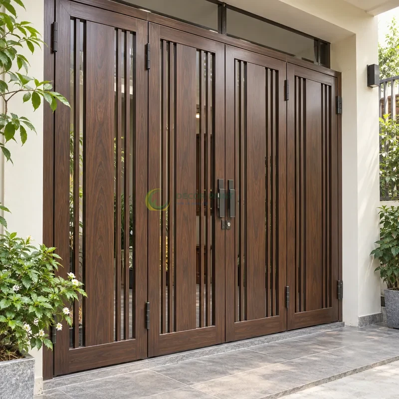Cửa sắt thép 4 cánh sơn giả gỗ óc chó sẫm, nan dọc rộng hẹp xen kẽ, lối vào nhà phố có tường sáng, góc ba phần tư từ bên trái.