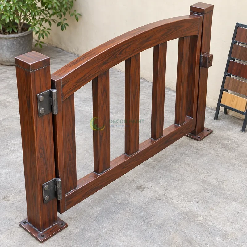 Mẫu sắt thép sơn giả gỗ cánh gián, thanh cong nhẹ có giằng thẳng, với mẫu màu để tham khảo lựa chọn, góc cao chéo theo đường chéo khung hình.
