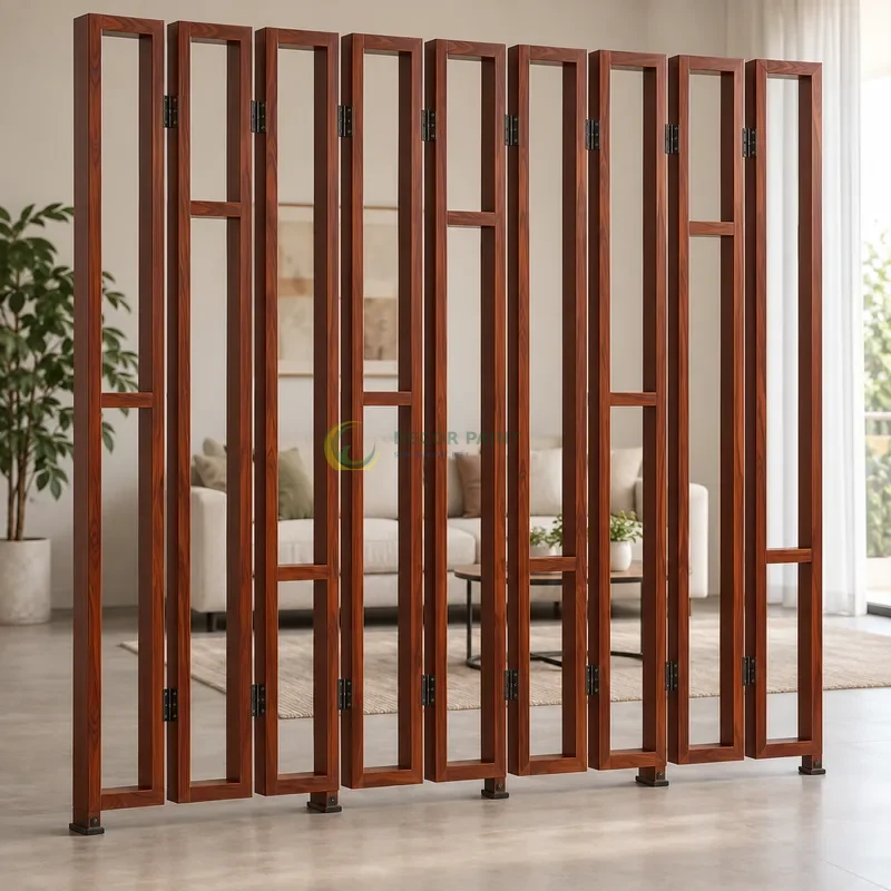 Vách ngăn sắt phòng khách sơn giả gỗ cánh gián, phòng khách có ghế vải sáng, góc gần chính diện, thấy rõ kết cấu.