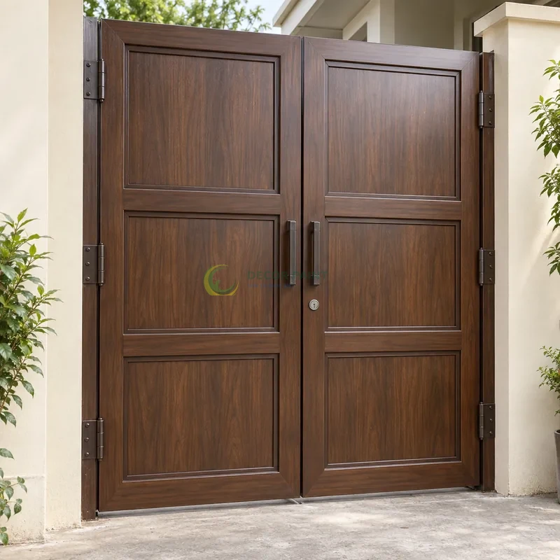 Cửa sắt thép 2 cánh sơn giả gỗ óc chó sẫm, bốn ô chữ nhật cân đối trên mỗi cánh, sân trong có nền xi măng trung tính, góc chính diện cân đối.