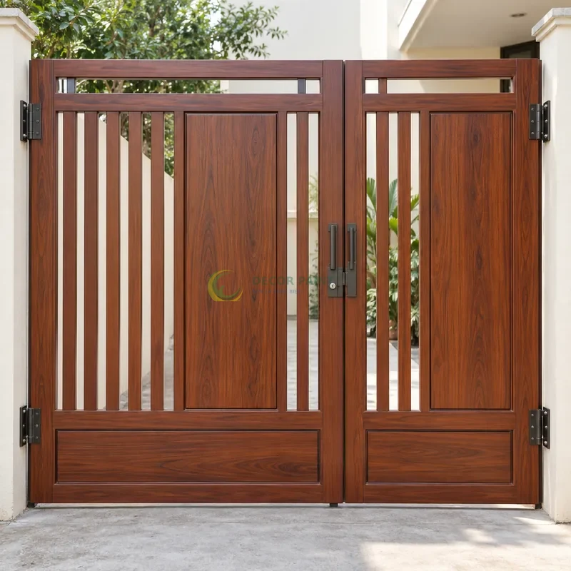 Cổng sắt thép 2 cánh sơn giả gỗ cánh gián, panô chữ nhật có tỷ lệ rộng hẹp khác nhau, sân trong có nền xi măng trung tính, góc gần chính diện, thấy rõ kết cấu.
