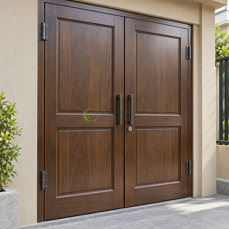 Cửa sắt thép 2 cánh sơn giả gỗ óc chó sẫm, hai panô chữ nhật trên mỗi cánh, mặt tiền nhà phố tông cát nhạt, góc chéo vừa, làm rõ mối ghép.