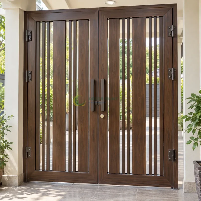 Cửa sắt thép 2 cánh sơn giả gỗ óc chó sẫm, nan dọc rộng hẹp xen kẽ, hiên nhà sáng có cây xanh phía xa, góc chính diện cân đối.