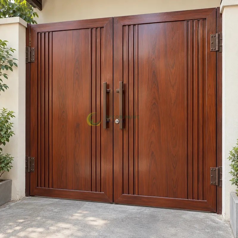 Cửa sắt thép 2 cánh sơn giả gỗ cánh gián, tấm giữa rộng và gân dọc mảnh, sân trong có nền xi măng trung tính, góc chính diện cân đối.
