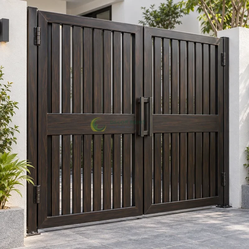 Cửa sắt thép 2 cánh sơn giả gỗ đen đậm, nan dọc có thanh ngang tạo điểm nhấn, khoảng sân hiện đại nền xám, góc nghiêng nhẹ, rõ cạnh phía trước.