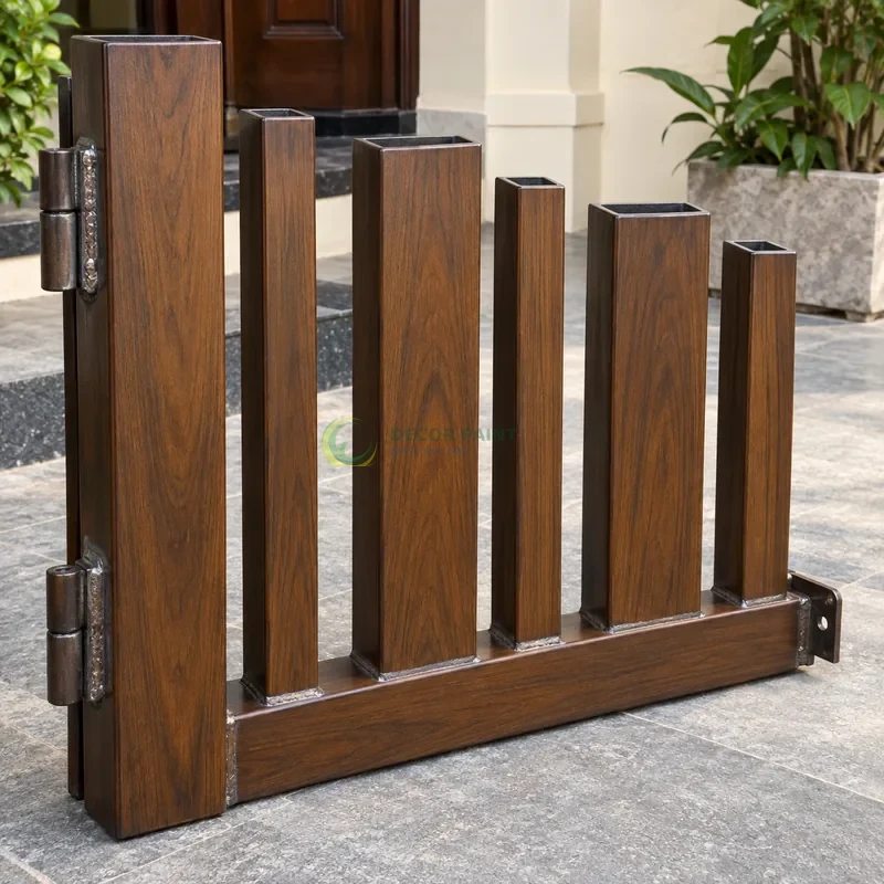 Mẫu sắt thép sơn giả gỗ óc chó sẫm, sáu thanh mẫu rộng hẹp trên cùng giá, lối vào nhà phố có tường sáng, góc cận ba phần tư trên bàn.