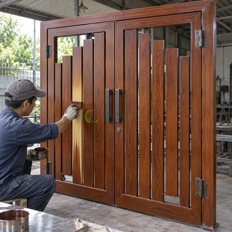 Cửa sắt thép 2 cánh sơn giả gỗ cánh gián, các ô sắt dọc có cao độ thay đổi, minh hoạ thao tác tạo vân trên lớp lót, góc ba phần tư từ bên trái.