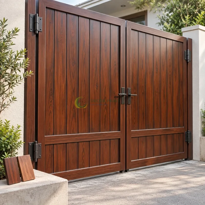 Cổng sắt thép 2 cánh sơn giả gỗ cánh gián, panô dài phía trên và ô thấp phía dưới, với mẫu màu để tham khảo lựa chọn, góc nghiêng nhẹ, rõ cạnh phía trước.