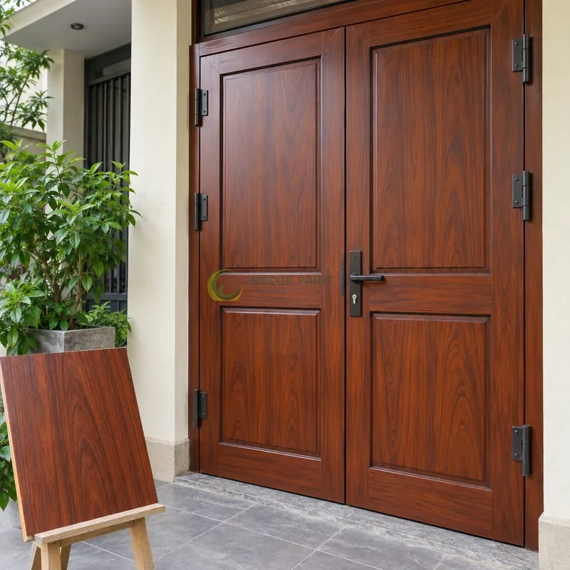 Cửa sắt thép 2 cánh sơn giả gỗ cánh gián, hai panô chữ nhật trên mỗi cánh, với mẫu màu để tham khảo lựa chọn, góc ba phần tư từ bên trái.
