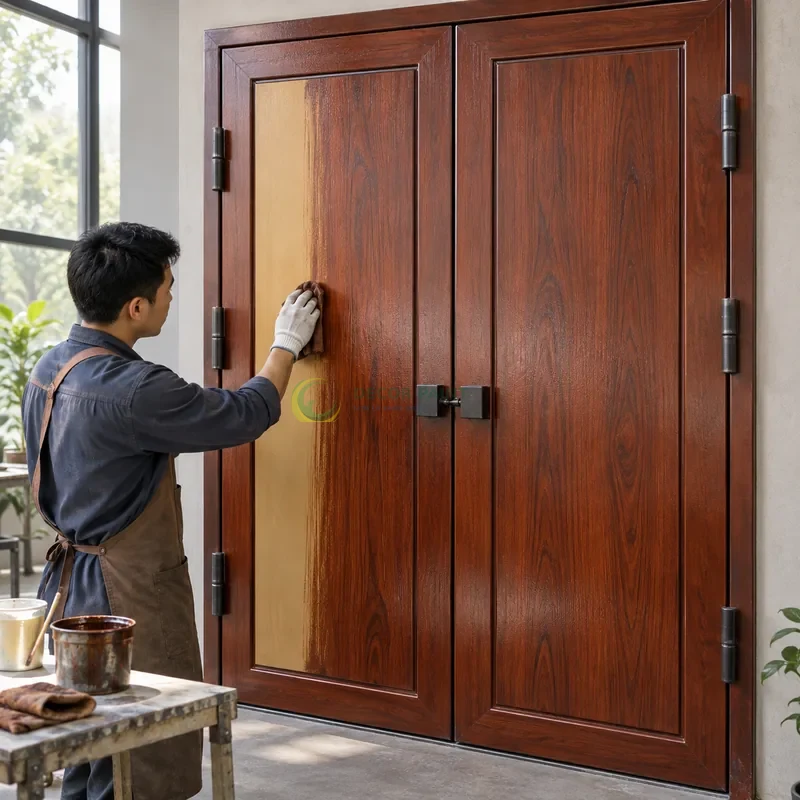 Cửa sắt thép 2 cánh sơn giả gỗ cánh gián, panô phẳng có viền chữ nhật nhỏ, minh hoạ thao tác tạo vân trên lớp lót, góc chéo vừa, làm rõ mối ghép.