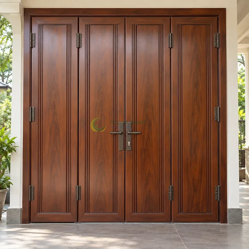 Cửa sắt thép 4 cánh sơn giả gỗ cánh gián, tấm giữa rộng và gân dọc mảnh, hiên nhà sáng có cây xanh phía xa, góc gần chính diện, thấy rõ kết cấu.