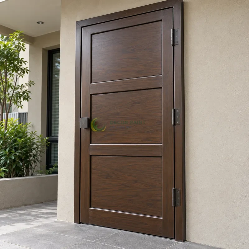 Cửa sắt thép 1 cánh sơn giả gỗ óc chó sẫm, ba ô ngang rộng trong khung sắt, mặt tiền nhà phố tông cát nhạt, góc ba phần tư từ bên phải.