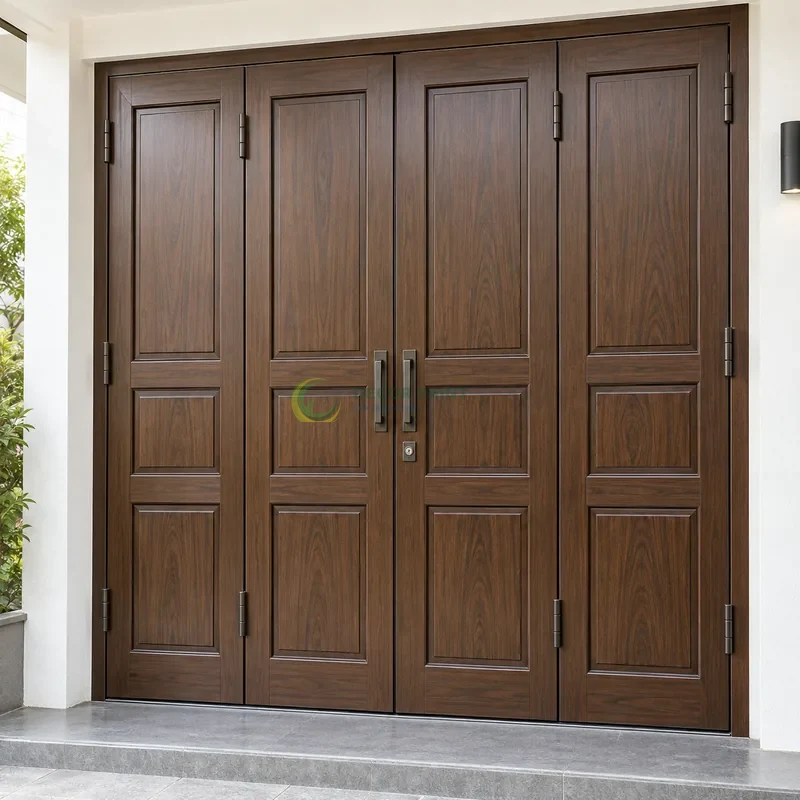 Cửa sắt thép 4 cánh sơn giả gỗ óc chó sẫm, bốn ô chữ nhật cân đối trên mỗi cánh, lối vào có bậc thấp và tường bên màu trắng, góc chính diện cân đối.
