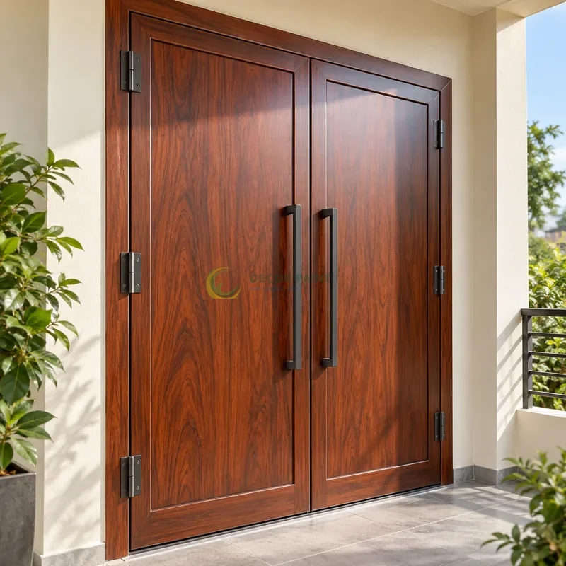 Cửa sắt thép 2 cánh sơn giả gỗ cánh gián, panô lớn với viền khung sâu, góc ban công có mái che và tường ngà, góc ba phần tư từ bên trái.