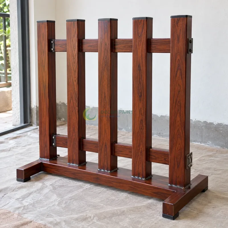 Mẫu sắt thép sơn giả gỗ cánh gián, năm thanh đứng trên giá mẫu thấp, góc thi công nhà ở gọn gàng, góc cao nhẹ thấy trọn môđun mẫu.