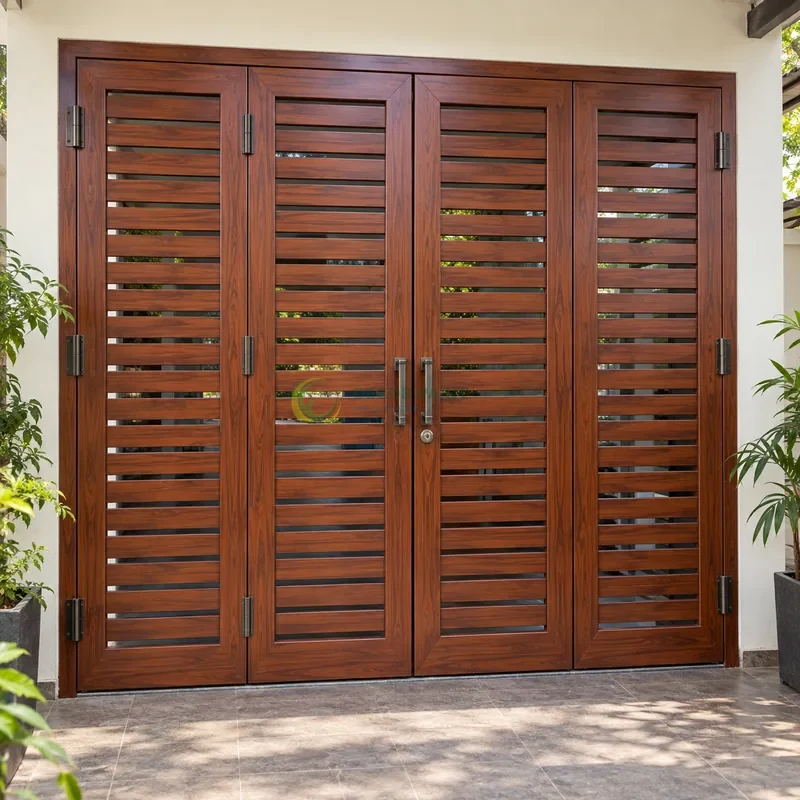 Cửa sắt thép 4 cánh sơn giả gỗ cánh gián, nan sắt ngang nằm trong khung âm, lối đi có mái che sát vườn nhỏ, góc thấp vừa, thấy trọn chủ thể.