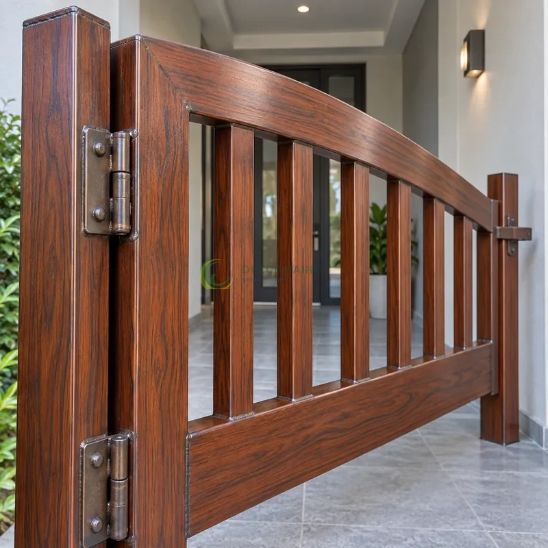 Mẫu sắt thép sơn giả gỗ cánh gián, thanh cong nhẹ có giằng thẳng, sảnh nhỏ hiện đại có tường xám nhạt, góc cận nhấn cạnh đầu vật mẫu.
