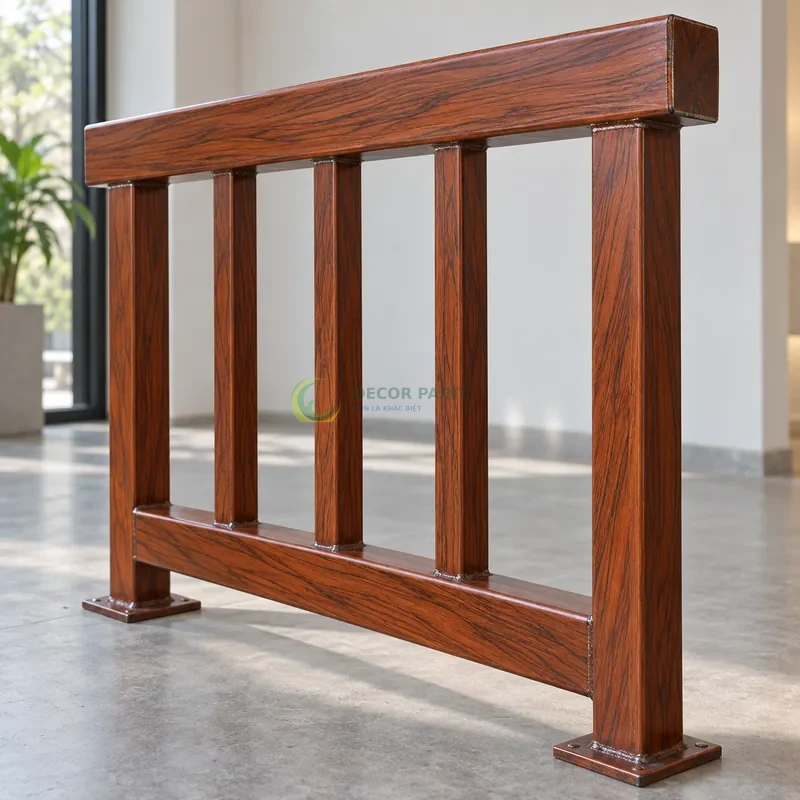 Mẫu sắt hộp mạ kẽm sơn giả gỗ cánh gián, môđun lan can có tay vịn và năm thanh đứng, không gian trưng bày mẫu tường trắng, góc cận bên phải thấy rõ chiều sâu thanh.