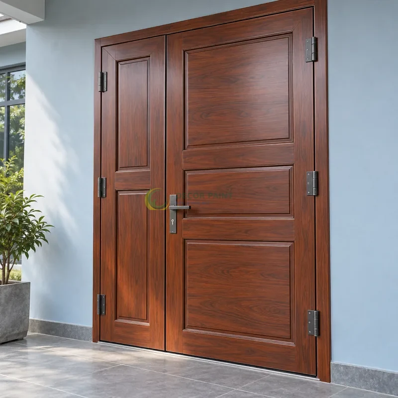 Cửa sắt thép 2 cánh sơn giả gỗ cánh gián, panô chữ nhật có tỷ lệ rộng hẹp khác nhau, góc trưng bày có tường xanh xám nhạt, góc ba phần tư từ bên phải.