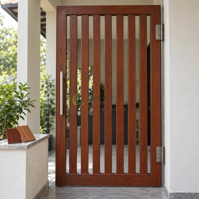 Cửa sắt thép 1 cánh sơn giả gỗ cánh gián, khung phẳng với nan dọc hẹp, với mẫu màu để tham khảo lựa chọn, góc chính diện cân đối.