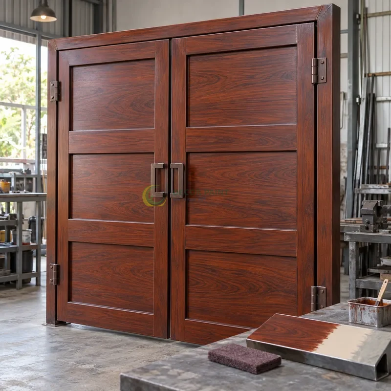 Cửa sắt thép 2 cánh sơn giả gỗ cánh gián, ba ô ngang rộng trong khung sắt, minh hoạ chuẩn bị bề mặt và lớp sơn hoàn thiện, góc ba phần tư từ bên trái.