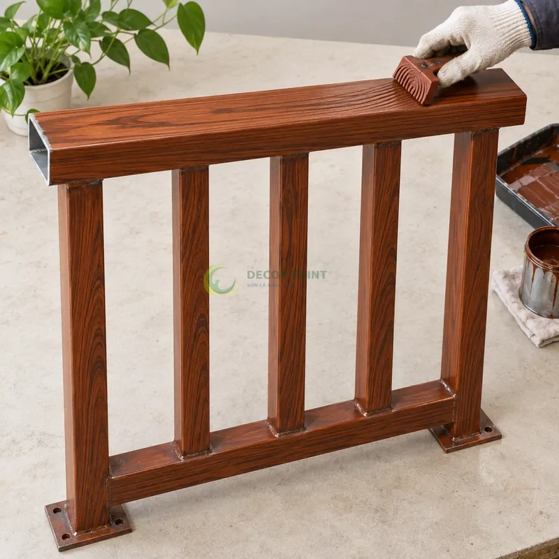 Mẫu sắt hộp mạ kẽm sơn giả gỗ cánh gián, môđun lan can có tay vịn và năm thanh đứng, minh hoạ thao tác tạo vân trên lớp lót, góc gần từ trên xuống của bàn thao tác.