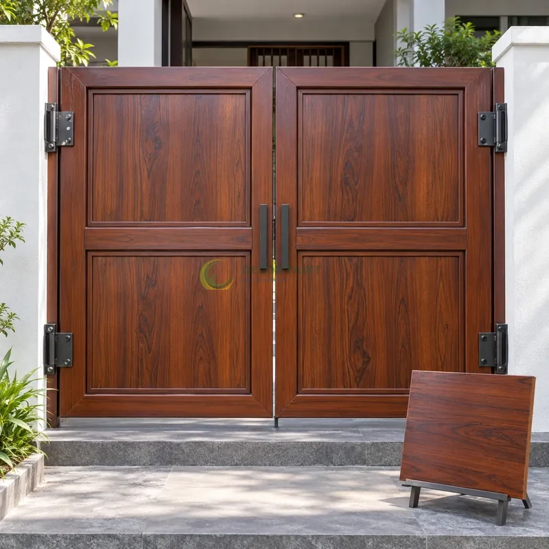 Cổng sắt thép 2 cánh sơn giả gỗ cánh gián, hai panô chữ nhật trên mỗi cánh, với mẫu màu để tham khảo lựa chọn, góc gần chính diện, thấy rõ kết cấu.