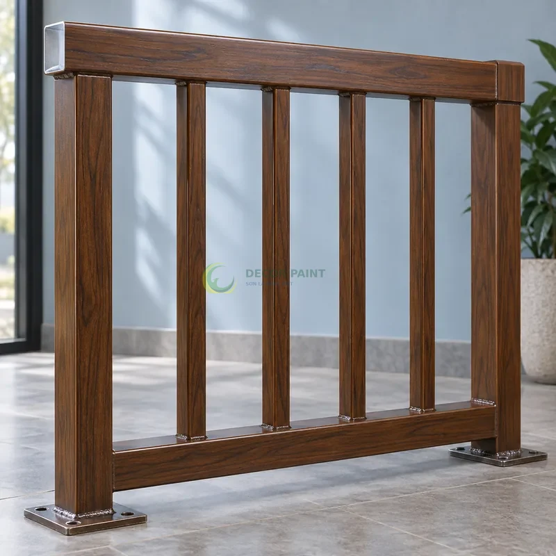 Mẫu sắt hộp mạ kẽm sơn giả gỗ óc chó sẫm, môđun lan can có tay vịn và năm thanh đứng, góc trưng bày có tường xanh xám nhạt, góc cận ngang tầm vật mẫu.