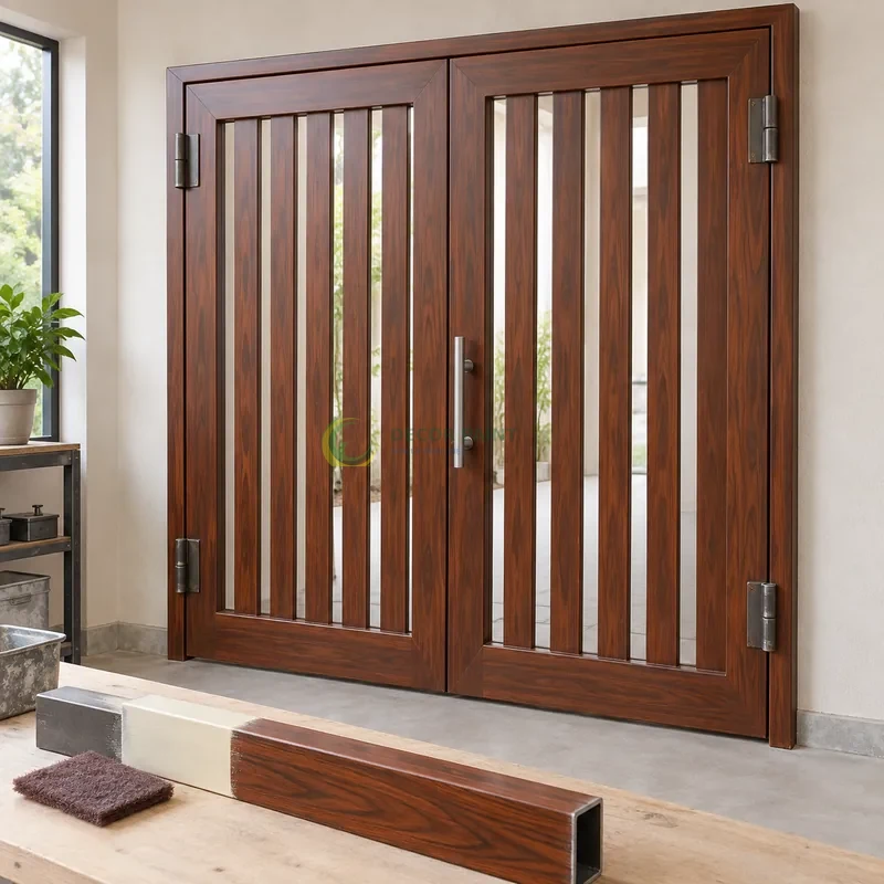Cửa sắt thép 2 cánh sơn giả gỗ cánh gián, khung phẳng với nan dọc hẹp, minh hoạ chuẩn bị bề mặt và lớp sơn hoàn thiện, góc chếch từ trên xuống.